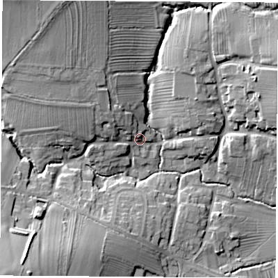 Shaded relief map of the ground around DE742QJ, computed from Environment Agency LiDAR. The ground here sits at about 60 m above sea level and falls 22 m across the surrounding 800 m. Surface water reaching this point runs off ground lying to the north-west, 6.7 m higher.