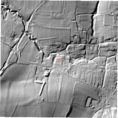 Shaded relief map of the ground around DE742QL, computed from Environment Agency LiDAR. The ground here sits at about 60 m above sea level and falls 28 m across the surrounding 800 m. Surface water reaching this point runs off ground lying to the south-west, 18.4 m higher.