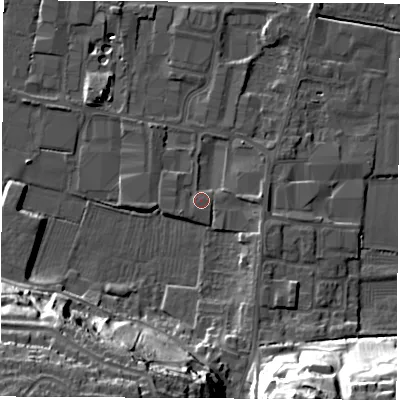 Shaded relief map of the ground around DE742QR, computed from Environment Agency LiDAR. The ground here sits at about 34 m above sea level and falls 34 m across the surrounding 800 m. Surface water reaching this point runs off ground lying to the east, 1.9 m higher.
