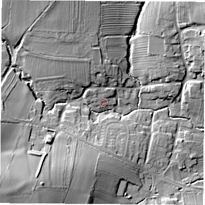 Shaded relief map of the ground around DE742QS, computed from Environment Agency LiDAR. The ground here sits at about 59 m above sea level and falls 23 m across the surrounding 800 m. Surface water reaching this point runs off ground lying to the north-west, 2.1 m higher.