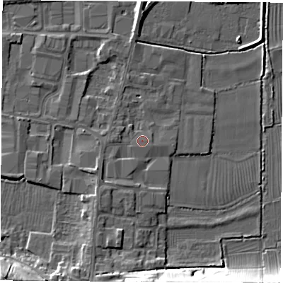 Shaded relief map of the ground around DE742QX, computed from Environment Agency LiDAR. The ground here sits at about 34 m above sea level and falls 24 m across the surrounding 800 m. Surface water reaching this point runs off ground lying to the west-south-west, 2.7 m higher.