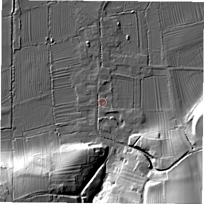 Shaded relief map of the ground around DE742RB, computed from Environment Agency LiDAR. The ground here sits at about 33 m above sea level and falls 34 m across the surrounding 800 m. Surface water reaching this point runs off ground lying to the south-west, 32.2 m higher.