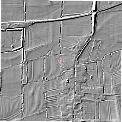 Shaded relief map of the ground around DE742RD, computed from Environment Agency LiDAR. The ground here sits at about 32 m above sea level and falls 7 m across the surrounding 800 m. Surface water reaching this point runs off ground lying to the south-south-east, 2.3 m higher.