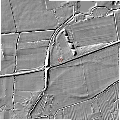 Shaded relief map of the ground around DE742RE, computed from Environment Agency LiDAR. The ground here sits at about 32 m above sea level and falls 8 m across the surrounding 800 m. The ground contributing surface water to this point lies to the north-east.