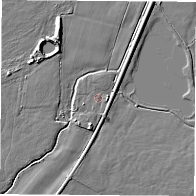 Shaded relief map of the ground around DE742RG, computed from Environment Agency LiDAR. The ground here sits at about 31 m above sea level and falls 7 m across the surrounding 800 m. Surface water reaching this point runs off ground lying to the east-south-east, 1.8 m higher.