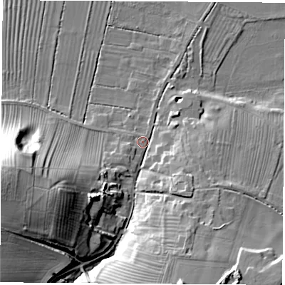 Shaded relief map of the ground around DE742RH, computed from Environment Agency LiDAR. The ground here sits at about 33 m above sea level and falls 28 m across the surrounding 800 m. Surface water reaching this point runs off ground lying to the west-south-west, 26.2 m higher.