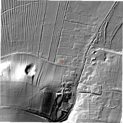 Shaded relief map of the ground around DE742RJ, computed from Environment Agency LiDAR. The ground here sits at about 32 m above sea level and falls 28 m across the surrounding 800 m. Surface water reaching this point runs off ground lying to the south-west, 24.5 m higher.