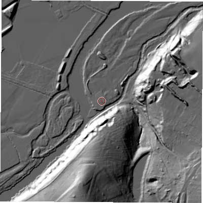 Shaded relief map of the ground around DE742RR, computed from Environment Agency LiDAR. The ground here sits at about 35 m above sea level and falls 47 m across the surrounding 800 m. Surface water reaching this point runs off ground lying to the east, 0.8 m higher.