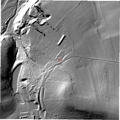 Shaded relief map of the ground around DE742RS, computed from Environment Agency LiDAR. The ground here sits at about 65 m above sea level and falls 52 m across the surrounding 800 m. Surface water reaching this point runs off ground lying to the south-east, 6.8 m higher.