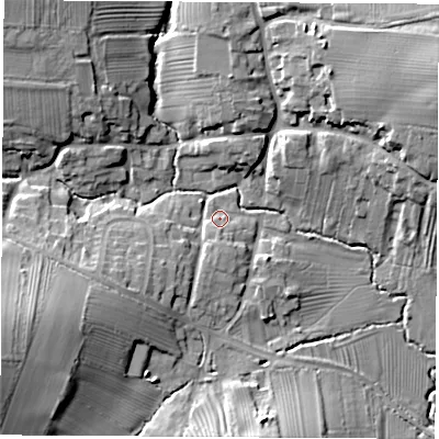 Shaded relief map of the ground around DE742RW, computed from Environment Agency LiDAR. The ground here sits at about 57 m above sea level and falls 23 m across the surrounding 800 m. Surface water reaching this point runs off ground lying to the south, 2.8 m higher.