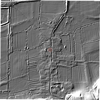 Shaded relief map of the ground around DE742SQ, computed from Environment Agency LiDAR. The ground here sits at about 33 m above sea level and falls 14 m across the surrounding 800 m. Surface water reaching this point runs off ground lying to the west, 2.1 m higher.