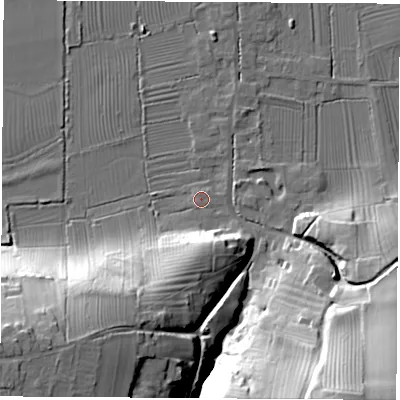 Shaded relief map of the ground around DE742SZ, computed from Environment Agency LiDAR. The ground here sits at about 33 m above sea level and falls 37 m across the surrounding 800 m. Surface water reaching this point runs off ground lying to the south, 12.6 m higher.