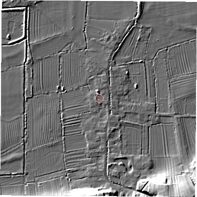Shaded relief map of the ground around DE742TJ, computed from Environment Agency LiDAR. The ground here sits at about 33 m above sea level and falls 14 m across the surrounding 800 m. Surface water reaching this point runs off ground lying to the north, 1.6 m higher.