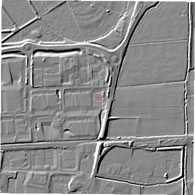 Shaded relief map of the ground around DE742TW, computed from Environment Agency LiDAR. The ground here sits at about 33 m above sea level and falls 8 m across the surrounding 800 m. Surface water reaching this point runs off ground lying to the north-north-east, 3.5 m higher.
