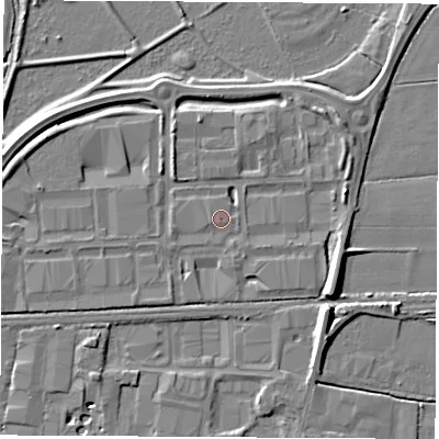 Shaded relief map of the ground around DE742UB, computed from Environment Agency LiDAR. The ground here sits at about 34 m above sea level and falls 9 m across the surrounding 800 m. Surface water reaching this point runs off ground lying to the west-north-west, 4.3 m higher.