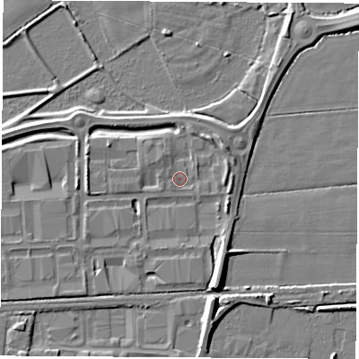 Shaded relief map of the ground around DE742UD, computed from Environment Agency LiDAR. The ground here sits at about 34 m above sea level and falls 9 m across the surrounding 800 m. Surface water reaching this point runs off ground lying to the north-east, 3.5 m higher.