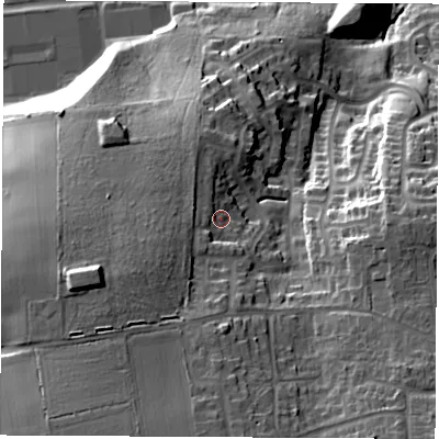 Shaded relief map of the ground around DE742UE, computed from Environment Agency LiDAR. The ground here sits at about 62 m above sea level and falls 40 m across the surrounding 800 m. Surface water reaching this point runs off ground lying to the west-south-west, 9.4 m higher.