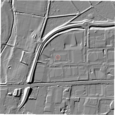 Shaded relief map of the ground around DE742US, computed from Environment Agency LiDAR. The ground here sits at about 34 m above sea level and falls 11 m across the surrounding 800 m. Surface water reaching this point runs off ground lying to the west-south-west, 4.4 m higher.