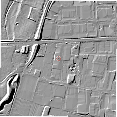 Shaded relief map of the ground around DE742UT, computed from Environment Agency LiDAR. The ground here sits at about 34 m above sea level and falls 12 m across the surrounding 800 m. The ground contributing surface water to this point lies to the south-east.