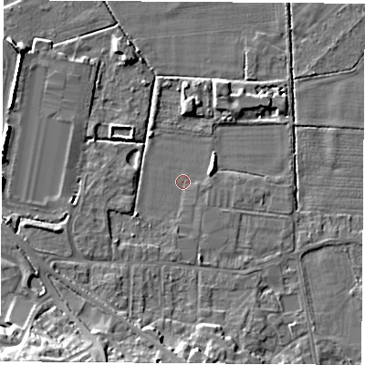 Shaded relief map of the ground around DE742XT, computed from Environment Agency LiDAR. The ground here sits at about 31 m above sea level and falls 19 m across the surrounding 800 m. Surface water reaching this point runs off ground lying to the south, 1.0 m higher.