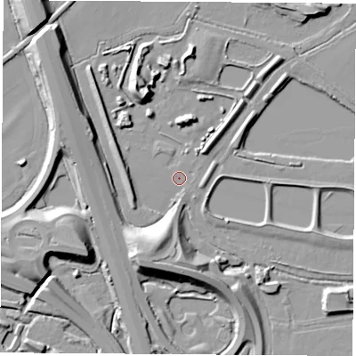 Shaded relief map of the ground around DE742YW, computed from Environment Agency LiDAR. The ground here sits at about 30 m above sea level and falls 14 m across the surrounding 800 m. Surface water reaching this point runs off ground lying to the south-south-west, 12.3 m higher.