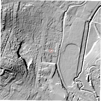 Shaded relief map of the ground around DE74AW, computed from Environment Agency LiDAR. The ground here sits at about 44 m above sea level and falls 38 m across the surrounding 800 m. Surface water reaching this point runs off ground lying to the west, 4.2 m higher.