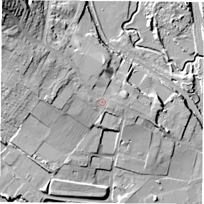 Shaded relief map of the ground around DE74AZ, computed from Environment Agency LiDAR. The ground here sits at about 53 m above sea level and falls 34 m across the surrounding 800 m. Surface water reaching this point runs off ground lying to the north-west, 2.1 m higher.