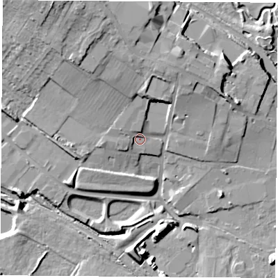 Shaded relief map of the ground around DE74BG, computed from Environment Agency LiDAR. The ground here sits at about 47 m above sea level and falls 21 m across the surrounding 800 m. Surface water reaching this point runs off ground lying to the north-north-west, 8.9 m higher.