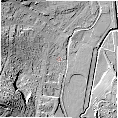 Shaded relief map of the ground around DE74BU, computed from Environment Agency LiDAR. The ground here sits at about 43 m above sea level and falls 37 m across the surrounding 800 m. Surface water reaching this point runs off ground lying to the west-south-west, 34.3 m higher.