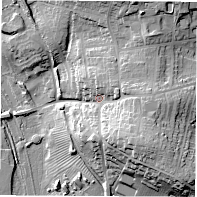 Shaded relief map of the ground around DE74LY, computed from Environment Agency LiDAR. The ground here sits at about 68 m above sea level and falls 42 m across the surrounding 800 m. Surface water reaching this point runs off ground lying to the south-east, 22.3 m higher.