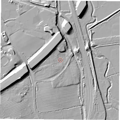 Shaded relief map of the ground around DE74QS, computed from Environment Agency LiDAR. The ground here sits at about 41 m above sea level and falls 15 m across the surrounding 800 m. Surface water reaching this point runs off ground lying to the west-north-west, 9.0 m higher.