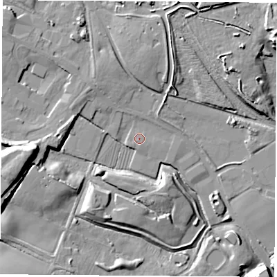 Shaded relief map of the ground around DE74QU, computed from Environment Agency LiDAR. The ground here sits at about 45 m above sea level and falls 18 m across the surrounding 800 m. Surface water reaching this point runs off ground lying to the south-west, 0.7 m higher.