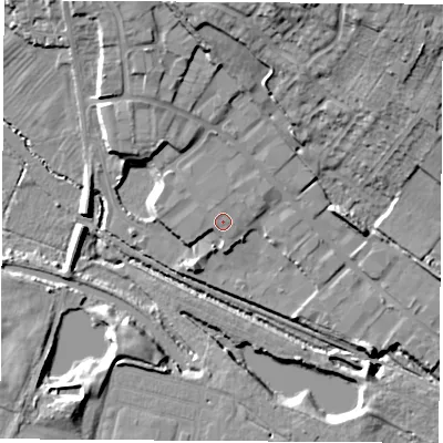 Shaded relief map of the ground around DE74RF, computed from Environment Agency LiDAR. The ground here sits at about 47 m above sea level and falls 19 m across the surrounding 800 m. The ground contributing surface water to this point lies to the north-north-east.