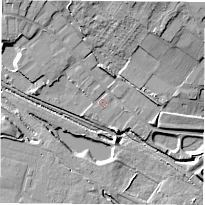 Shaded relief map of the ground around DE74RG, computed from Environment Agency LiDAR. The ground here sits at about 46 m above sea level and falls 18 m across the surrounding 800 m. Surface water reaching this point runs off ground lying to the north-north-west, 1.1 m higher.