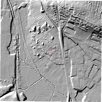 Shaded relief map of the ground around DE74SE, computed from Environment Agency LiDAR. The ground here sits at about 50 m above sea level and falls 44 m across the surrounding 800 m. Surface water reaching this point runs off ground lying to the north-north-east, 37.3 m higher.