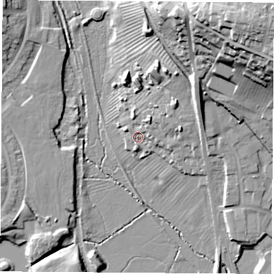 Shaded relief map of the ground around DE74SH, computed from Environment Agency LiDAR. The ground here sits at about 48 m above sea level and falls 44 m across the surrounding 800 m. Surface water reaching this point runs off ground lying to the north-east, 4.9 m higher.