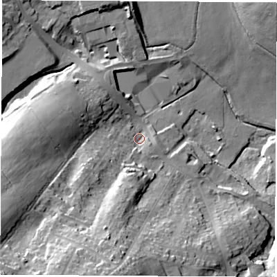 Shaded relief map of the ground around DE757JT, computed from Environment Agency LiDAR. The ground here sits at about 75 m above sea level and falls 46 m across the surrounding 800 m. Surface water reaching this point runs off ground lying to the south-south-west, 35.1 m higher.