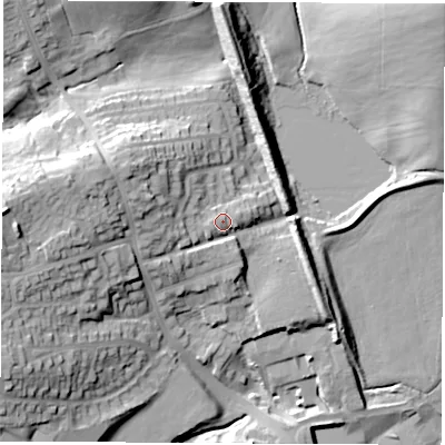 Shaded relief map of the ground around DE757LD, computed from Environment Agency LiDAR. The ground here sits at about 86 m above sea level and falls 34 m across the surrounding 800 m. Surface water reaching this point runs off ground lying to the west, 19.1 m higher.