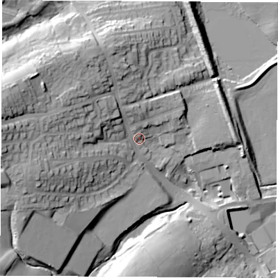 Shaded relief map of the ground around DE757LE, computed from Environment Agency LiDAR. The ground here sits at about 84 m above sea level and falls 34 m across the surrounding 800 m. Surface water reaching this point runs off ground lying to the west, 23.9 m higher.
