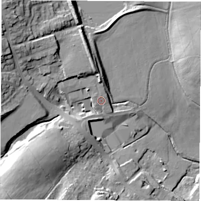 Shaded relief map of the ground around DE757TA, computed from Environment Agency LiDAR. The ground here sits at about 78 m above sea level and falls 31 m across the surrounding 800 m. Surface water reaching this point runs off ground lying to the north-north-west, 7.8 m higher.