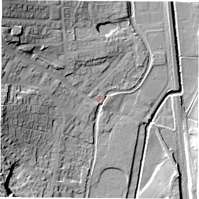 Shaded relief map of the ground around DE75BN, computed from Environment Agency LiDAR. The ground here sits at about 45 m above sea level and falls 29 m across the surrounding 800 m. Surface water reaching this point runs off ground lying to the south-west, 26.8 m higher.