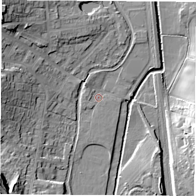 Shaded relief map of the ground around DE75BP, computed from Environment Agency LiDAR. The ground here sits at about 43 m above sea level and falls 26 m across the surrounding 800 m. Surface water reaching this point runs off ground lying to the north, 2.4 m higher.