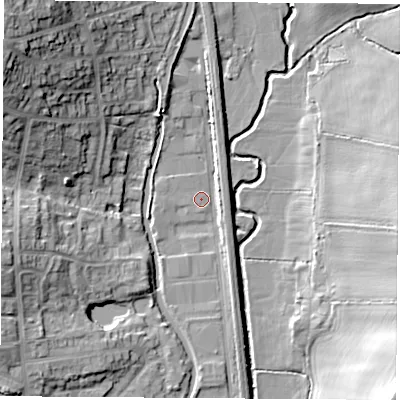 Shaded relief map of the ground around DE75BX, computed from Environment Agency LiDAR. The ground here sits at about 44 m above sea level and falls 22 m across the surrounding 800 m. Surface water reaching this point runs off ground lying to the north-west, 20.1 m higher.