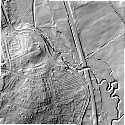 Shaded relief map of the ground around DE75EE, computed from Environment Agency LiDAR. The ground here sits at about 48 m above sea level and falls 27 m across the surrounding 800 m. Surface water reaching this point runs off ground lying to the west-north-west, 5.6 m higher.