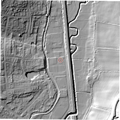 Shaded relief map of the ground around DE75EP, computed from Environment Agency LiDAR. The ground here sits at about 44 m above sea level and falls 23 m across the surrounding 800 m. Surface water reaching this point runs off ground lying to the east-south-east, 1.9 m higher.