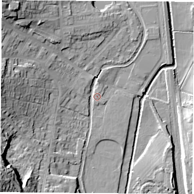 Shaded relief map of the ground around DE75EQ, computed from Environment Agency LiDAR. The ground here sits at about 44 m above sea level and falls 32 m across the surrounding 800 m. Surface water reaching this point runs off ground lying to the south-west, 27.3 m higher.