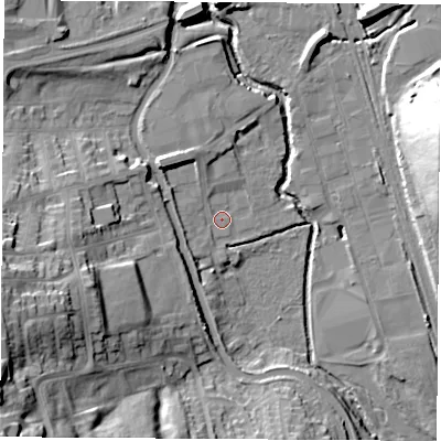 Shaded relief map of the ground around DE75HX, computed from Environment Agency LiDAR. The ground here sits at about 47 m above sea level and falls 33 m across the surrounding 800 m. Surface water reaching this point runs off ground lying to the north-west, 5.4 m higher.