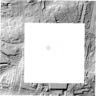 Shaded relief map of the ground around DE75RF, computed from Environment Agency LiDAR. and falls 38 m across the surrounding 800 m.
