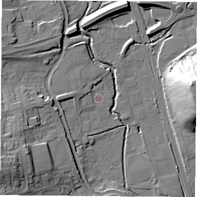 Shaded relief map of the ground around DE75TB, computed from Environment Agency LiDAR. The ground here sits at about 47 m above sea level and falls 35 m across the surrounding 800 m. Surface water reaching this point runs off ground lying to the west-north-west, 2.2 m higher.
