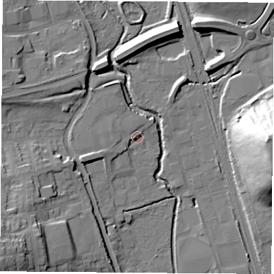 Shaded relief map of the ground around DE75TD, computed from Environment Agency LiDAR. The ground here sits at about 48 m above sea level and falls 35 m across the surrounding 800 m. Surface water reaching this point runs off ground lying to the west-south-west, 1.6 m higher.